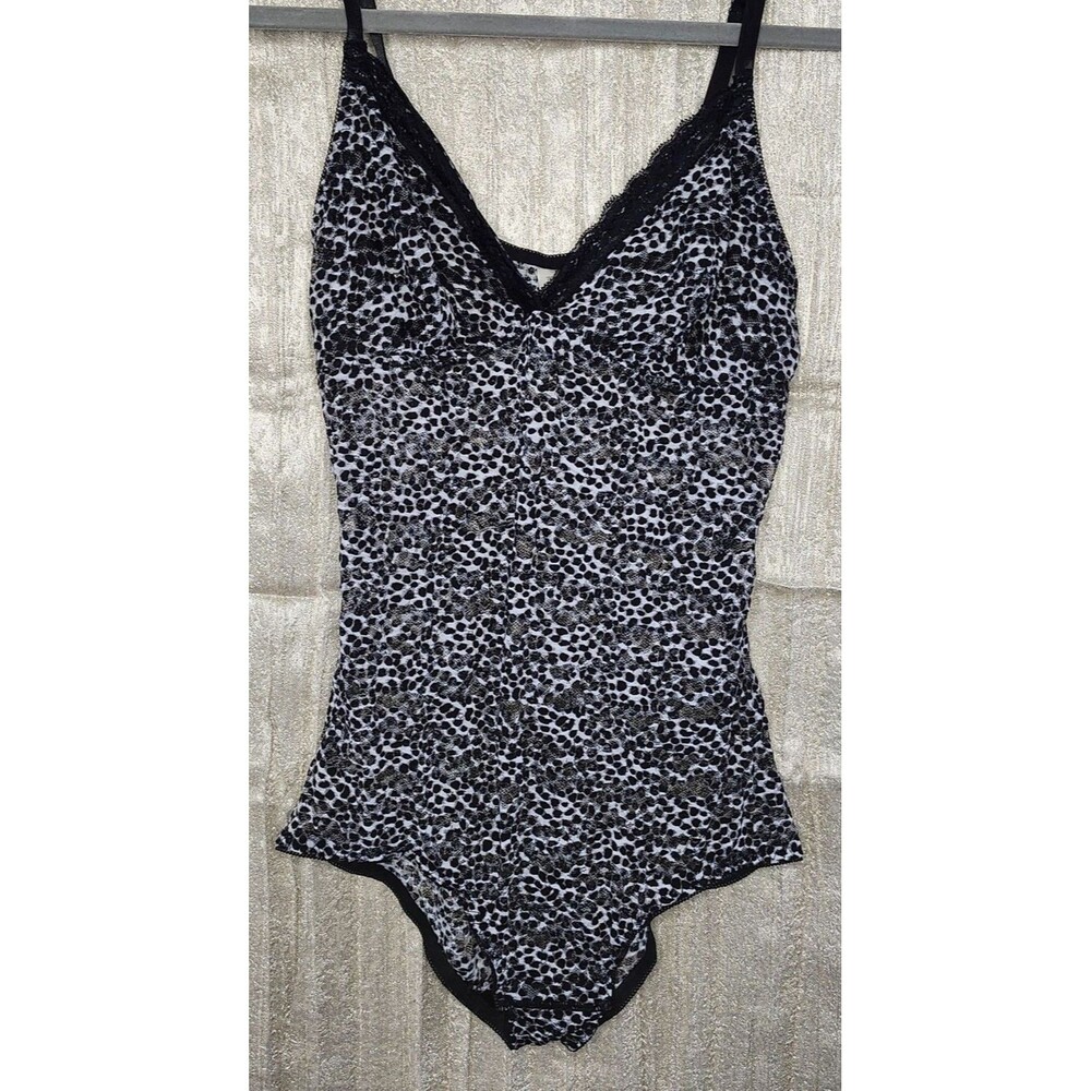 Nicole Miller Leopard Bodysuit Sheer Mesh Lace Trim Large Stretch Boudoir
